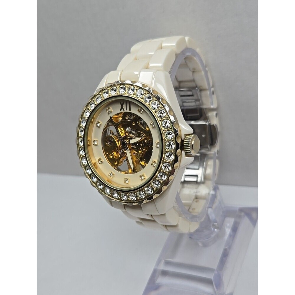 Womens Rare Adrienne Beige Ceramic Skeleton Crystal Bezel Manual Wind Watch - Picture 2 of 11